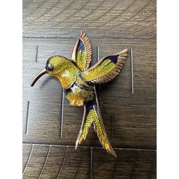 Vintage Enamel Hummingbird Brooch Pin Gold Tone Colorful Bird Large 3” - Picture 2 of 6
